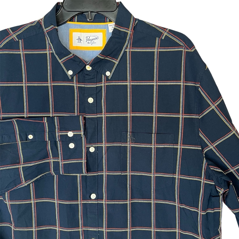 Penguin Men’s Casual Button Down Shirt Long Sleeve Plaid Navy Blue Check SZ XXL